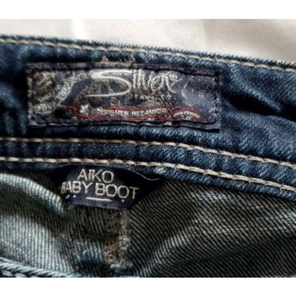 Silver Aiko Baby Boot Jeans Size 25X33 Heavy Stitch Destroyed Ripped Stretch - Picture 6 of 7
